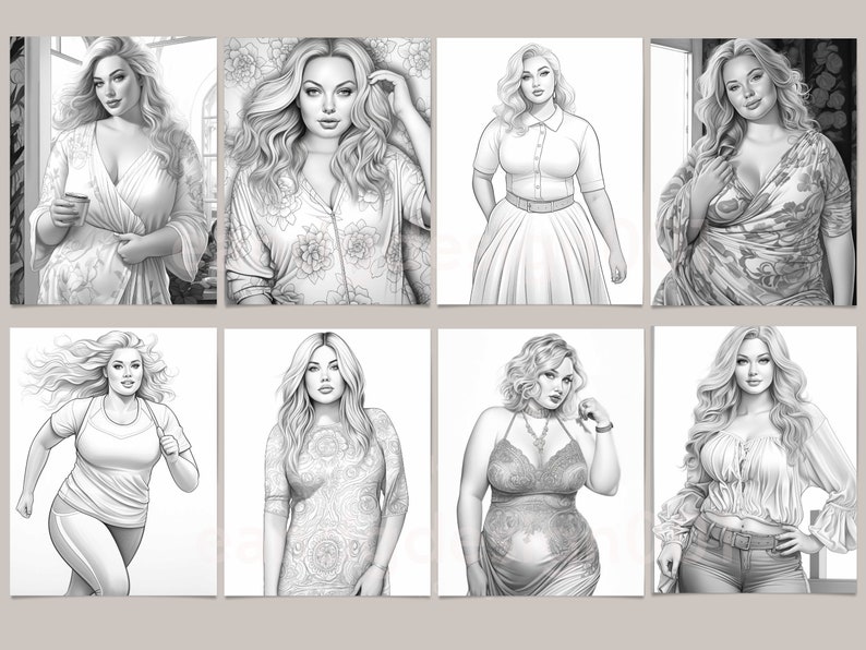 May include: A collection of eight black and white line drawings of women in various poses and clothing styles. The drawings are all in a realistic style and feature detailed facial features and clothing.