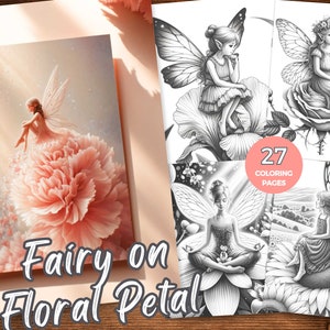 Fairy on Floral Petal Coloring Book Greyscale Coloring Pages Whimsical Fairy Petal Coloring Sheet Instant Download Relaxing Stress Relief