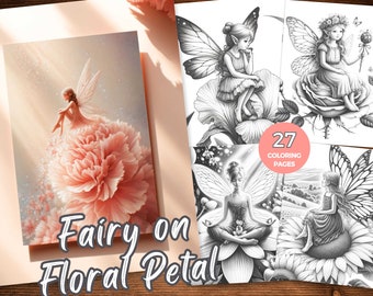 Fairy on Floral Petal Coloring Book Greyscale Coloring Pages Whimsical Fairy Petal Coloring Sheet Instant Download Relaxing Stress Relief