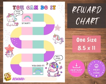May include: Printable reward chart featuring a unicorn theme. The chart has a colorful game board with a path for stickers or tokens. The chart is 8.5 inches by 11 inches and includes the text "You Can Do It" and "Reward Chart".