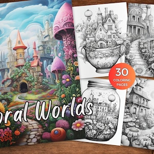 Floral Worlds Grayscale Coloring Pages for Adults Surreal Landscapes with flowers Coloring Book Instant Download Adult Coloring Pages