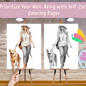 May include: Two black and white coloring pages on easels, featuring a woman walking a dog. The woman is wearing a hat, a long-sleeved shirt, jeans, and a backpack. The dog is a medium-sized breed with a long tail. The pages are ready to be colored with the paintbrushes and paint palette shown in the image.