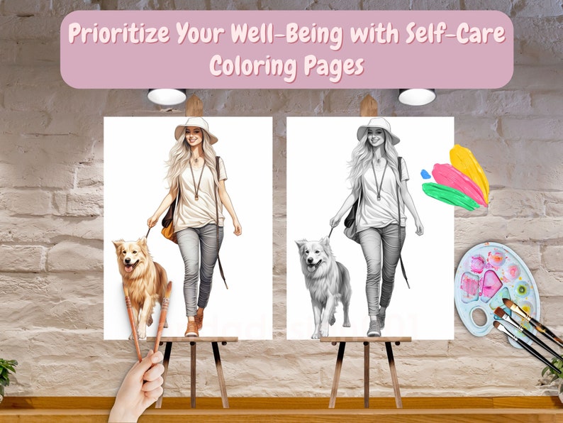 May include: Two black and white coloring pages on easels, featuring a woman walking a dog. The woman is wearing a hat, a long-sleeved shirt, jeans, and a backpack. The dog is a medium-sized breed with a long tail. The pages are ready to be colored with the paintbrushes and paint palette shown in the image.