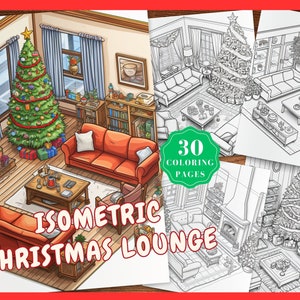 Isometric Coloring Page Isometric Christmas Lounge Coloring Pages for Adults, Interior Isometric Colouring Book Pocket Room Coloring Sheets