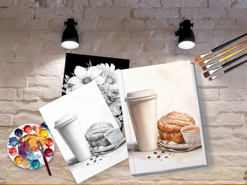 May include: Two illustrations of a coffee cup and pastry on white paper. The illustration on the left is in pencil and the illustration on the right is in watercolor. The illustrations are on a table with a paint palette, paintbrushes, and a brick wall in the background.