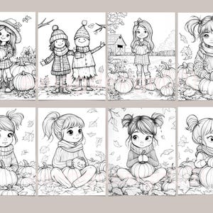 Op de afbeelding: Een verzameling zwart-wit illustraties met kinderen en pompoenen. De tekeningen tonen kinderen in herfsttaferelen, sommigen houden pompoenen vast, anderen zijn eromheen. De stijl doet denken aan kleurplaatpagina's, met gedetailleerde contouren.