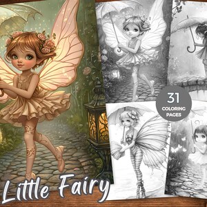 May include: Digital art print of a fairy with large wings, holding an umbrella. The fairy is wearing a light-coloured dress and is set in a garden scene. The text "Little Fairy" is at the bottom. Includes 31 coloring pages.