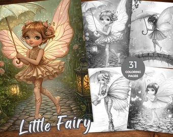 May include: A digital art print featuring a fairy with large, detailed wings, holding an umbrella. The fairy is dressed in a light-colored dress and is surrounded by a garden scene. The text "Little Fairy" is at the bottom.