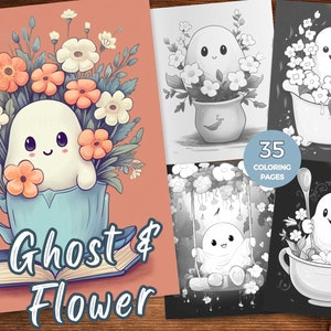 K&ouml;nnte beinhalten: Ein Malbuch mit 35 Seiten mit niedlichen Geisterillustrationen mit Blumen. Der Umschlag zeigt einen Geist in einer Teetasse mit Blumen. Der Titel lautet "Ghost & Flower".
