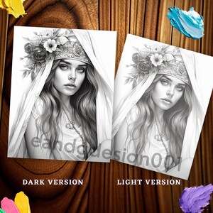 May include: Two versions of a black and white drawing of a woman with long hair wearing a floral crown and a veil. The drawing on the left is darker and the drawing on the right is lighter.
