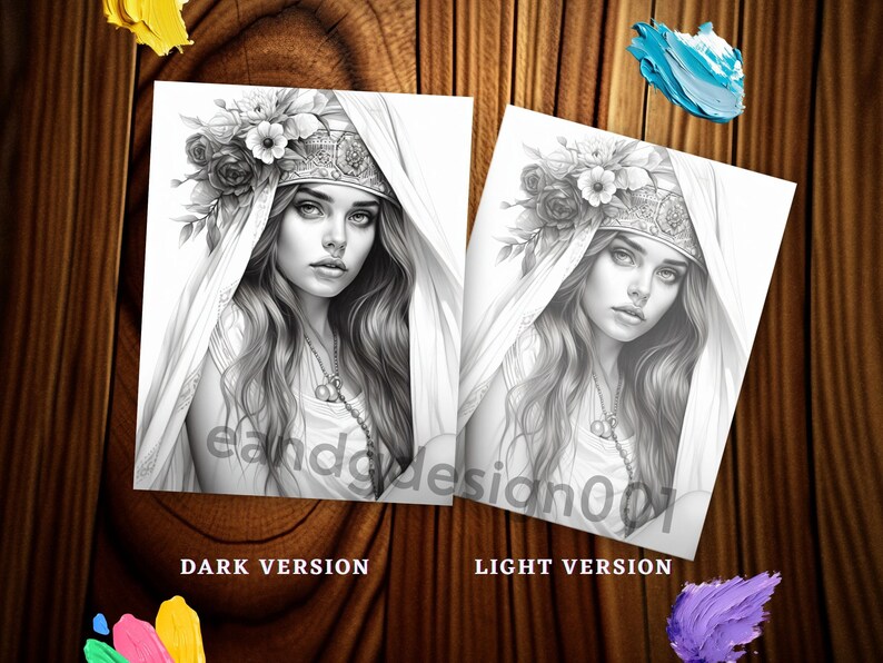 May include: Two versions of a black and white drawing of a woman with long hair wearing a floral crown and a veil. The drawing on the left is darker and the drawing on the right is lighter.