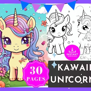30 Kawaii Baby Unicorns Fantasy Coloring Page Book, Adults + kids- Instant Download Grayscale Coloring Page, Printable PDF, Kids activities