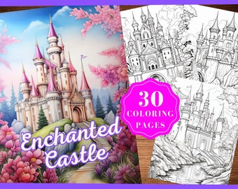 Páginas para colorear de castillos para adultos, Hojas para colorear de castillos, Páginas para colorear de castillos de cuento de hadas Imprimibles Castillo encantado para colorear Descarga instantánea