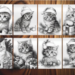 Puede incluir: Ocho ilustraciones en blanco y negro de gatitos con gorros de Pap&aacute; Noel y rodeados de decoraciones navide&ntilde;as. Los gatitos est&aacute;n en varias poses, algunos sentados, algunos de pie y algunos mirando al espectador. Las ilustraciones est&aacute;n hechas en un estilo realista.