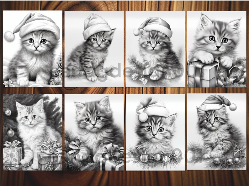 Puede incluir: Ocho ilustraciones en blanco y negro de gatitos con gorros de Pap&aacute; Noel y rodeados de decoraciones navide&ntilde;as. Los gatitos est&aacute;n en varias poses, algunos sentados, algunos de pie y algunos mirando al espectador. Las ilustraciones est&aacute;n hechas en un estilo realista.