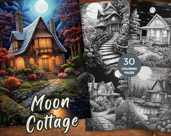 May include: A coloring book with 30 pages featuring illustrations of moonlit cottages. The cover image shows a stone cottage with a glowing window, surrounded by trees and a winding path. The text "Moon Cottage" is displayed below the image.