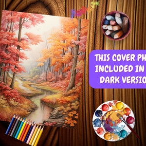May include: A painting of a forest scene with a stream running through it. The trees are in shades of red, orange, and yellow, indicating autumn. The stream is a light blue color and there are rocks along the banks.