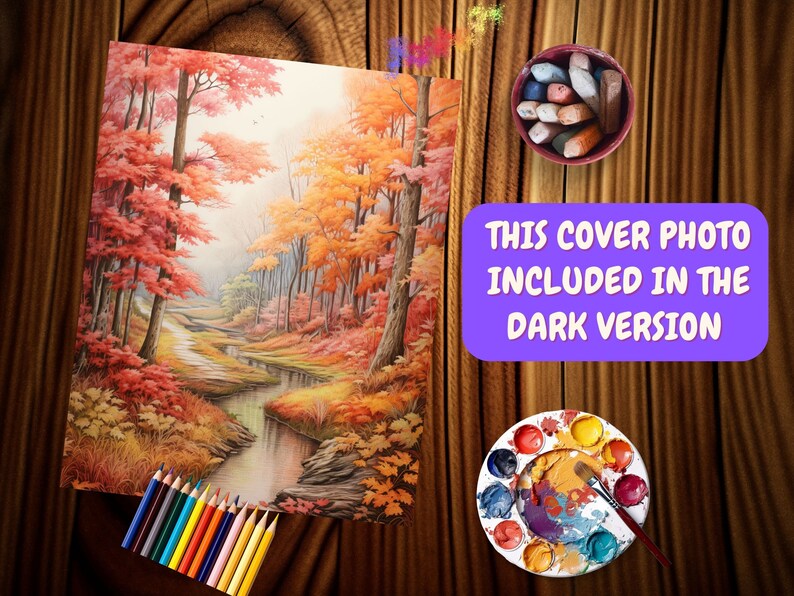May include: A painting of a forest scene with a stream running through it. The trees are in shades of red, orange, and yellow, indicating autumn. The stream is a light blue color and there are rocks along the banks.