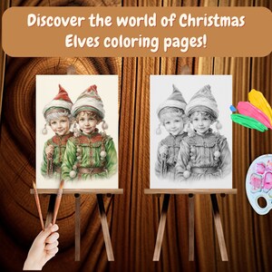 May include: Two Christmas elves colouring pages, one in colour and one in black and white, on easels with paintbrushes and a paint palette.