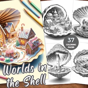 Puede incluir: Un libro para colorear con 37 páginas que presentan diferentes mundos dentro de conchas marinas. La portada muestra un pueblo de jengibre dentro de una concha.