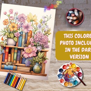 May include: A colorful illustration of a bookshelf filled with books and decorated with flowers. The bookshelf is made of wood and has two shelves. The flowers are in various colors, including pink, purple, yellow, and white. The books are all different sizes and colors. The illustration is done in a realistic style.