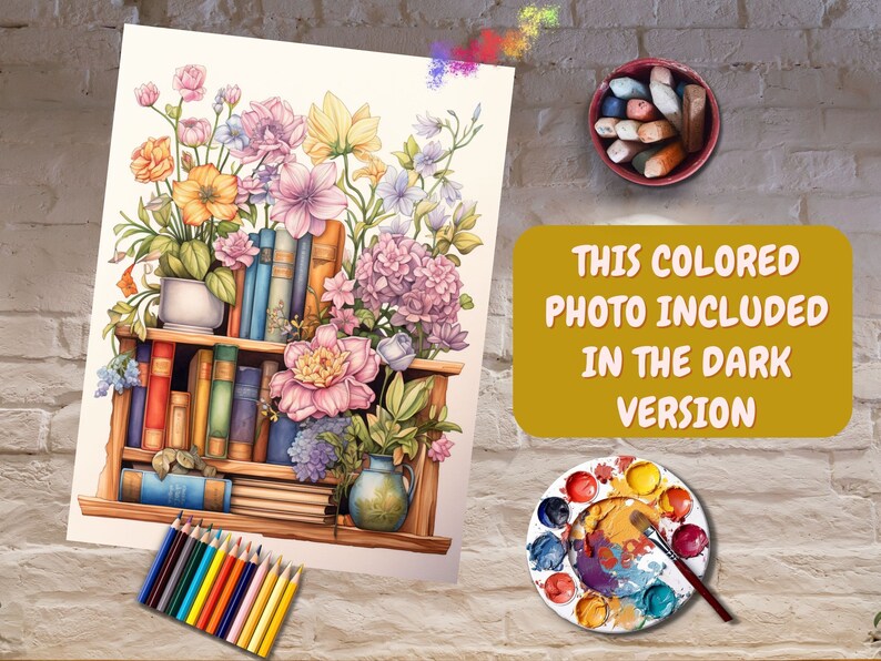 May include: A colorful illustration of a bookshelf filled with books and decorated with flowers. The bookshelf is made of wood and has two shelves. The flowers are in various colors, including pink, purple, yellow, and white. The books are all different sizes and colors. The illustration is done in a realistic style.