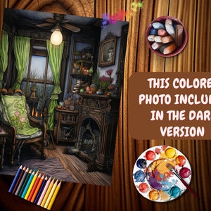 May include: A detailed illustration of a cozy living room with a fireplace, a large armchair, and a window with green curtains. The room is decorated with various objects, including books, plants, and a framed portrait. The image is in a dark, moody style, with a focus on the details of the room.