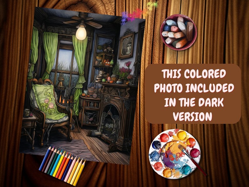 May include: A detailed illustration of a cozy living room with a fireplace, a large armchair, and a window with green curtains. The room is decorated with various objects, including books, plants, and a framed portrait. The image is in a dark, moody style, with a focus on the details of the room.