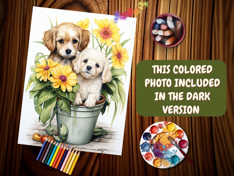 May include: Two adorable puppies, one brown and white, the other white, are sitting in a pot of yellow flowers. The puppies are looking at the camera.