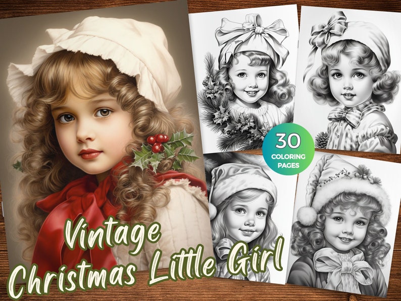 Vintage Christmas little girl coloring pages Holiday-themed coloring pages featuring little girls Winter Girls coloring book Grayscale color image 1