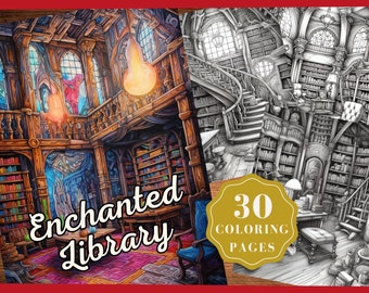 May include: A coloring book featuring an illustration of a grand, ornate library with a spiral staircase, bookshelves, and a large window. The text "Enchanted Library" is displayed on the cover. The book includes 30 coloring pages.