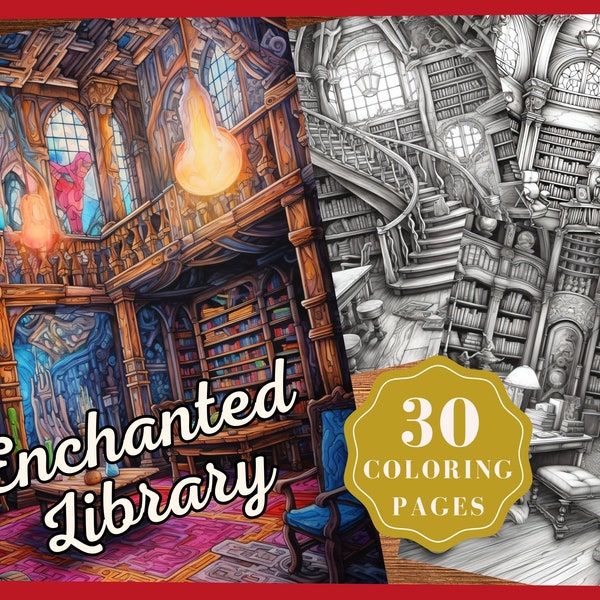 Enchanted Library Coloring Page Book, Fantasy Coloring Book, Adult Coloring Book, Grayscale Coloring Page, Fantasy Coloring page, Mindfulness