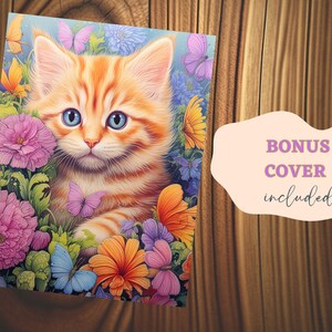 May include: A close-up of an orange tabby kitten with blue eyes peeking out from a bed of colorful flowers. The kitten is surrounded by pink, purple, and yellow flowers, and there are butterflies flying around it.