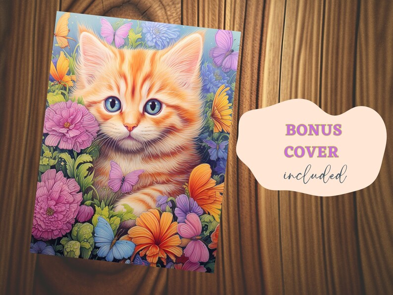 May include: A close-up of an orange tabby kitten with blue eyes peeking out from a bed of colorful flowers. The kitten is surrounded by pink, purple, and yellow flowers, and there are butterflies flying around it.