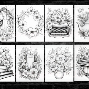 May include: A collection of eight black and white line art illustrations. The images depict a unicorn with a butterfly, a floral wreath, a typewriter, a teapot, books with flowers, a candle, a vase of flowers, and a piano, all surrounded by floral elements.