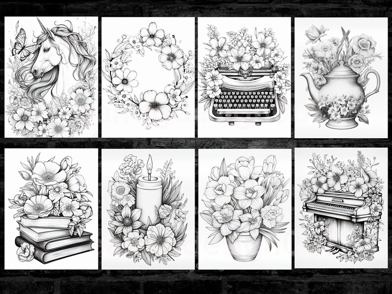 May include: A collection of eight black and white line art illustrations. The images depict a unicorn with a butterfly, a floral wreath, a typewriter, a teapot, books with flowers, a candle, a vase of flowers, and a piano, all surrounded by floral elements.