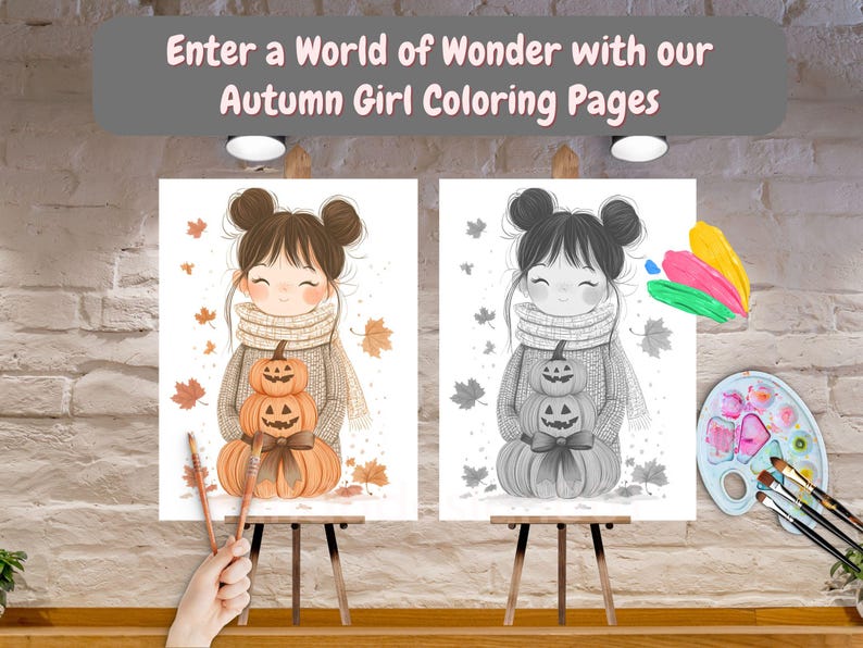 Op de afbeelding: Twee illustraties van een herfstmeisje met een pompoenstapel, &eacute;&eacute;n in kleur en &eacute;&eacute;n in grijstinten, tentoongesteld op ezels. De tekst "Enter a World of Wonder with our Autumn Girl Coloring Pages" staat boven de afbeeldingen. Een hand houdt potloden vast en een palet met penselen is zichtbaar.