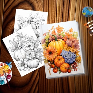 May include: A coloring book page with a fall-themed illustration of pumpkins, sunflowers, and hydrangeas. The page is blank and ready to be colored.