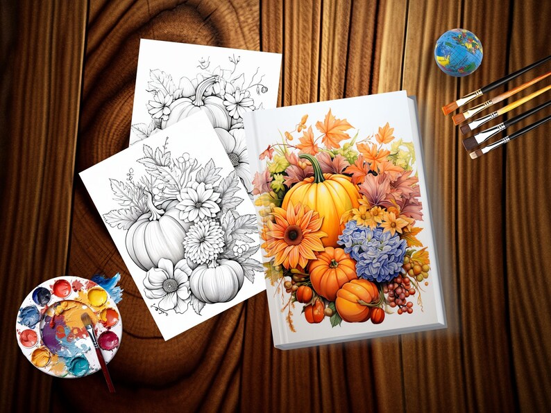 May include: A coloring book page with a fall-themed illustration of pumpkins, sunflowers, and hydrangeas. The page is blank and ready to be colored.