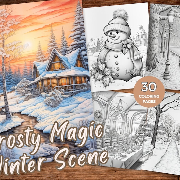 Coloring Winter Scene Coloring Pages Printable Winter Christmas Scene Grayscale coloring book Christmas Coloring Pages Presents Snowy Magic