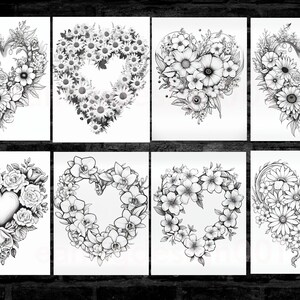 K&ouml;nnte beinhalten: Acht Schwarzwei&szlig;illustrationen von floralen Herzmotiven. Jedes Herz besteht aus verschiedenen Blumen und Bl&auml;ttern.