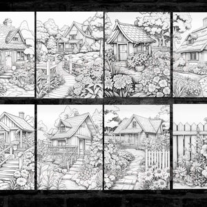 May include: A set of eight black and white illustrations of charming cottage homes with gardens. Each illustration features a different cottage with unique details, including stone paths, fences, and lush greenery.