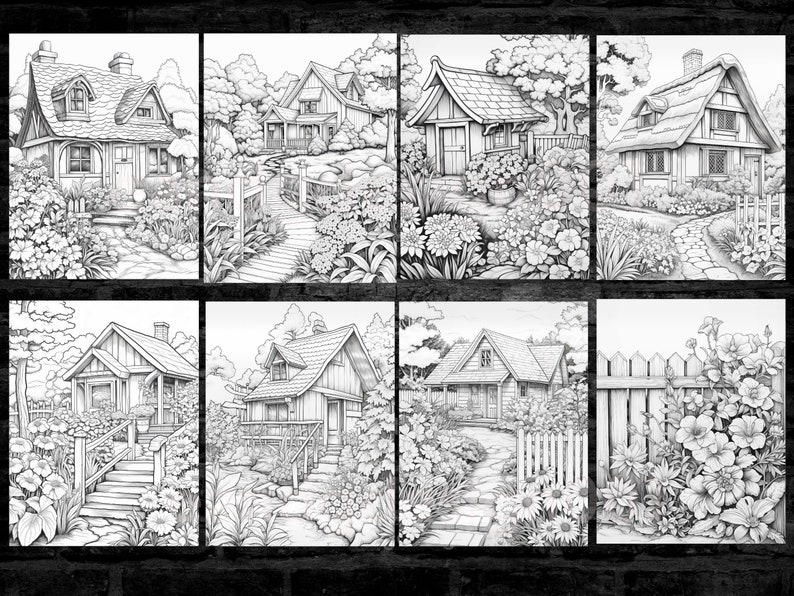 May include: A set of eight black and white illustrations of charming cottage homes with gardens. Each illustration features a different cottage with unique details, including stone paths, fences, and lush greenery.