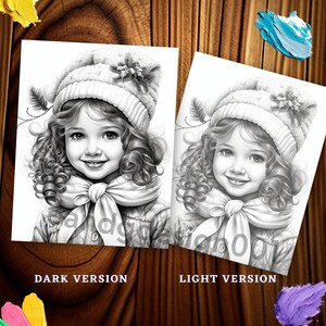 Vintage Christmas little girl coloring pages Holiday-themed coloring pages featuring little girls Winter Girls coloring book Grayscale color image 8