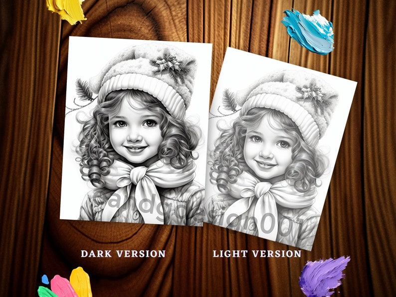 Vintage Christmas little girl coloring pages Holiday-themed coloring pages featuring little girls Winter Girls coloring book Grayscale color image 8