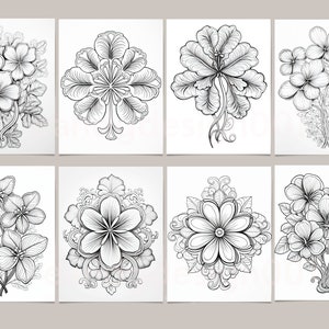 May include: Eight black and white floral illustrations on white backgrounds. Each image features a different stylized flower design, with detailed line work. The flowers include various arrangements, from bouquets to single, centered blooms.