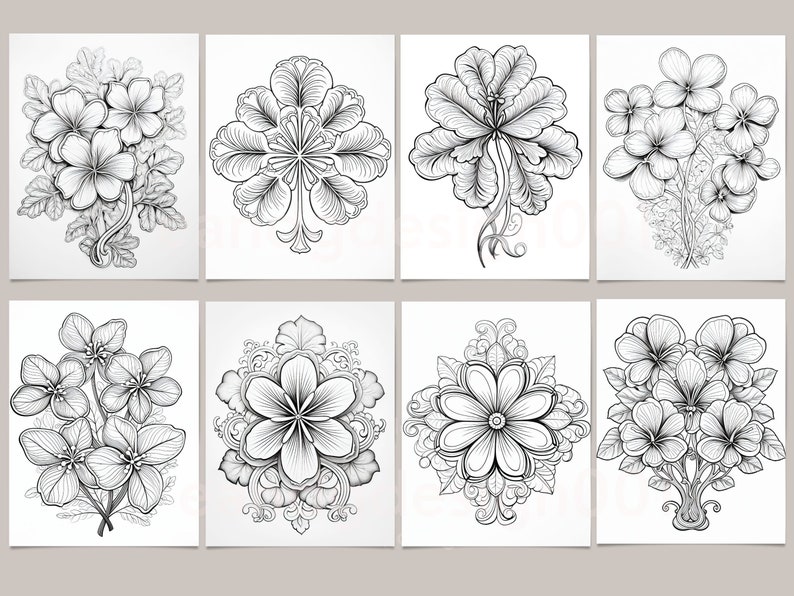 May include: Eight black and white floral illustrations on white backgrounds. Each image features a different stylized flower design, with detailed line work. The flowers include various arrangements, from bouquets to single, centered blooms.
