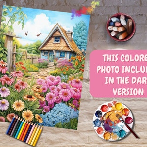 May include: A painting of a cottage with a garden in front of it. The garden has a variety of flowers in shades of pink, purple, and yellow. The cottage is a light blue color with a brown roof. The painting is surrounded by art supplies, including colored pencils, crayons, and a paint palette.