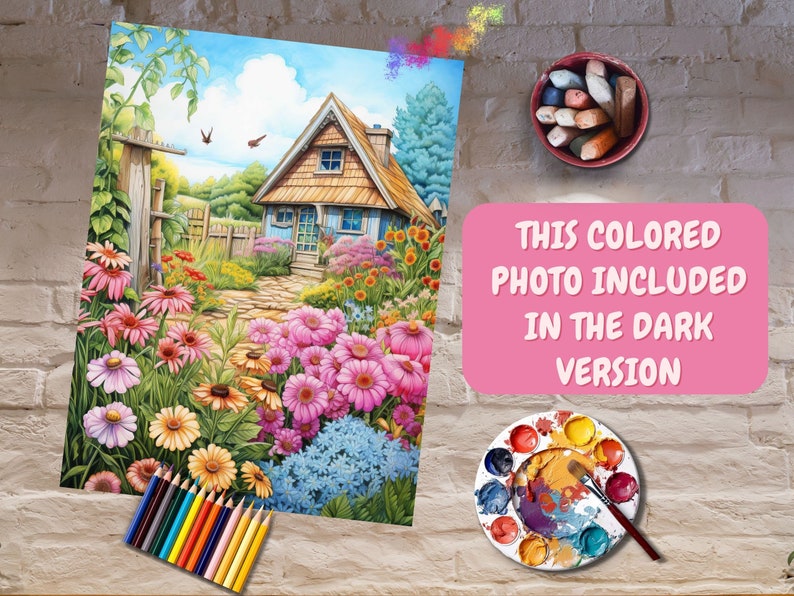 May include: A painting of a cottage with a garden in front of it. The garden has a variety of flowers in shades of pink, purple, and yellow. The cottage is a light blue color with a brown roof. The painting is surrounded by art supplies, including colored pencils, crayons, and a paint palette.