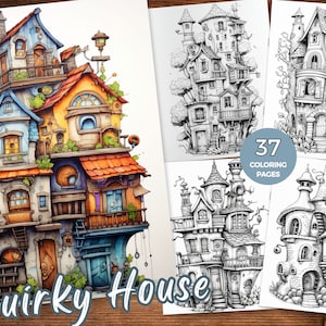 Könnte beinhalten: Ein Malbuch mit 37 Seiten voller skurriler, detaillierter Illustrationen von ausgefallenen Häusern. Das Titelbild zeigt ein mehrstöckiges Haus in einer Mischung aus Blau, Gelb, Orange und Braun. Der Text "Quirky House" ist in einer verspielten Schriftart am unteren Rand des Covers geschrieben.
